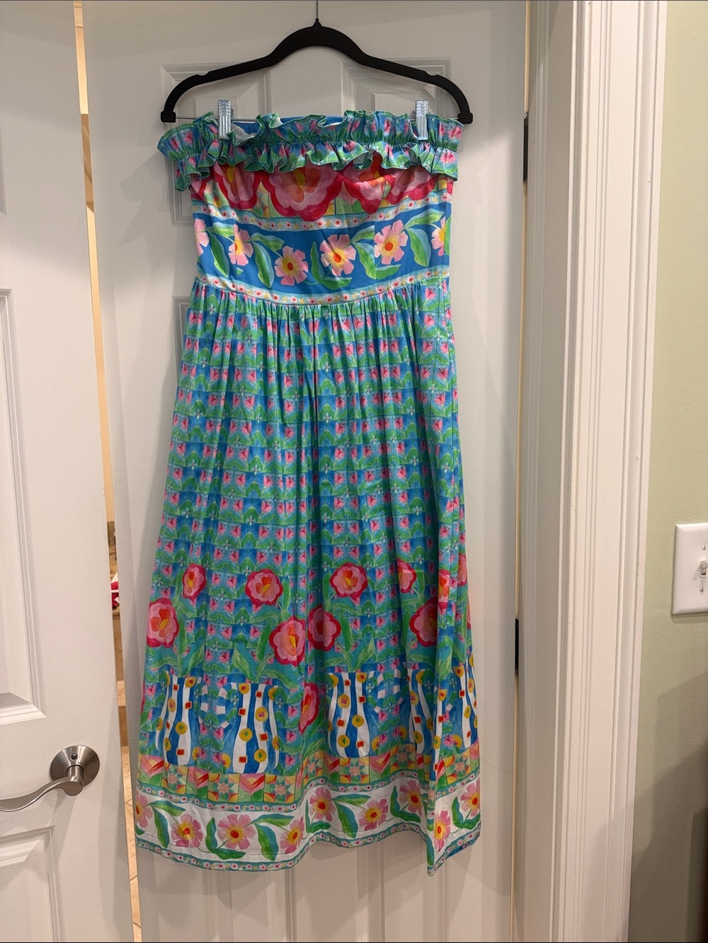 Bright Floral Strapless Midi Dress in Blue and Green